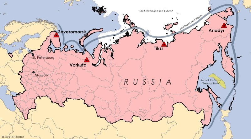 Military bases and airfields along the Northern Sea Route that Russia plans to restore. The newly acquired “Peanut Hole” in the Sea of Okhotsk is also displayed. (Cryopolitics)
