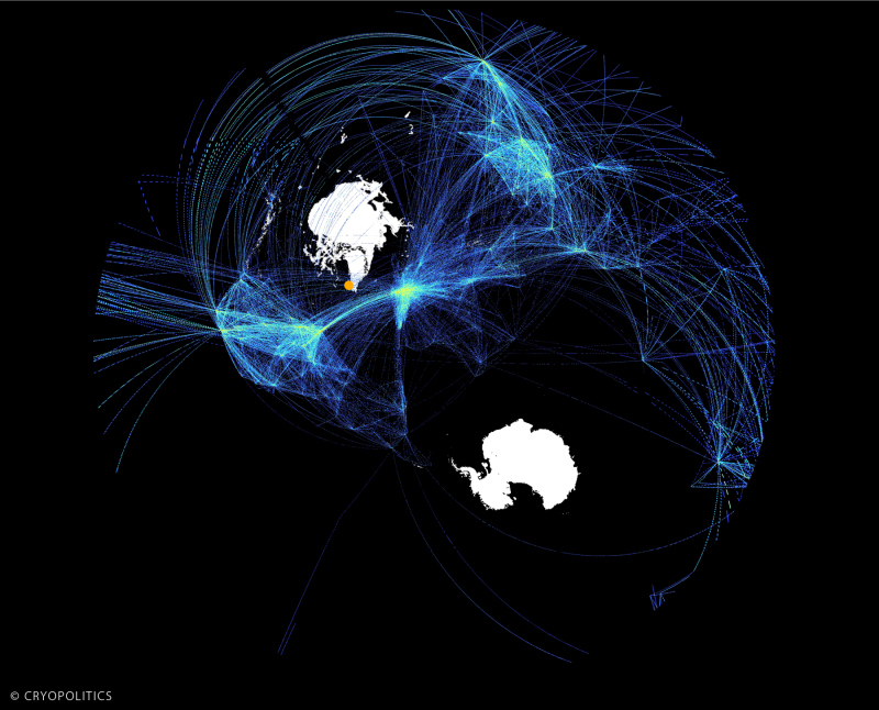 A polar stereographic view of global flight activity. Nuuk is the orange dot. (Cryopolitics)
