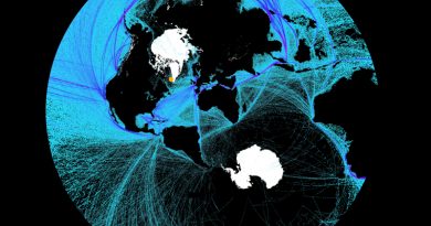A polar stereographic view of global shipping activity. Nuuk is the orange dot. (Cryopolitics)