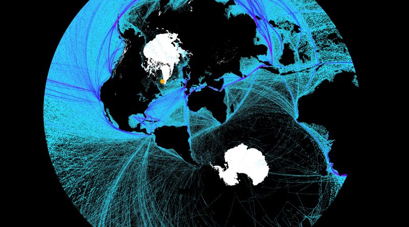 A polar stereographic view of global shipping activity. Nuuk is the orange dot. (Cryopolitics)