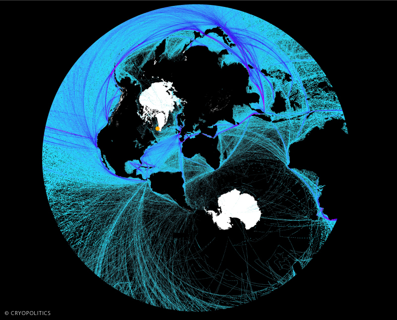 A polar stereographic view of global shipping activity. Nuuk is the orange dot. (Cryopolitics)