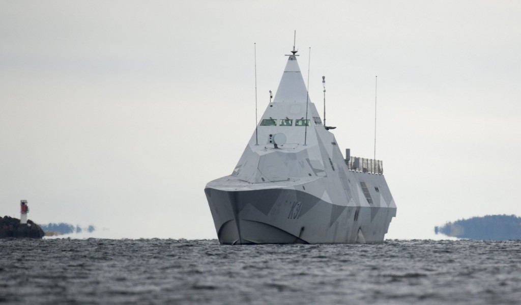 The Swedish corvette HMS Visby under way on the Mysingen Bay on October 21, 2014 on their fifth day of searching for a suspected foreign vessel in the Stockholm archipelago. (Fredrik Sandberg/AFP/Getty Images)