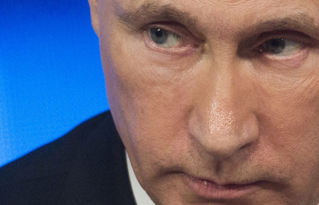 Russian President Vladimir Putin at a news conference in Moscow on December 18, 2014.(Pavel Golovkin/AP)