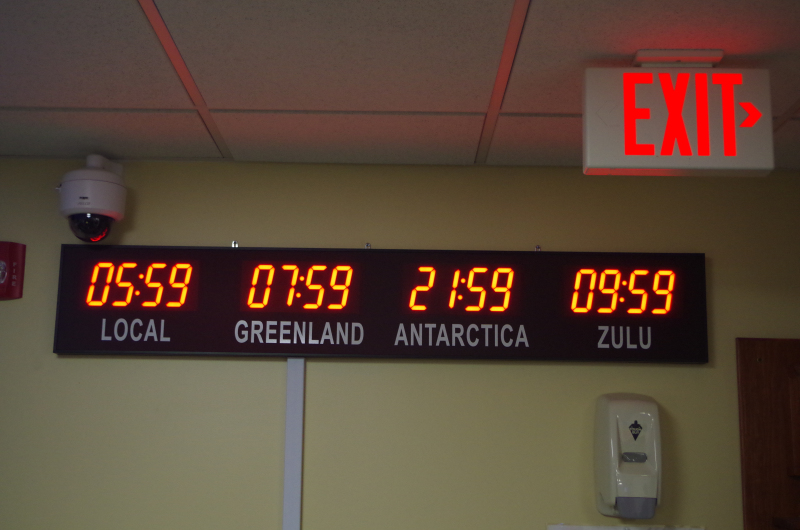 The clocks as they look at the 109th Airlift Wing in New York, from where C-130 planes support U.S. operations in Greenland and Antarctica. (Mia Bennett, 2014)