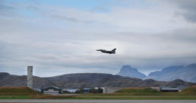 A Norwegian F16 in the air at the aircraft base in Bodoe, northern Norway on August 21, 2008. At the base, situated above the Arctic Circle, two F16s are permanently mobilized ready to scramble within 15 minutes to encounter a potential threat. (Pierre-Henry Deshayes/AFP/Getty Images)