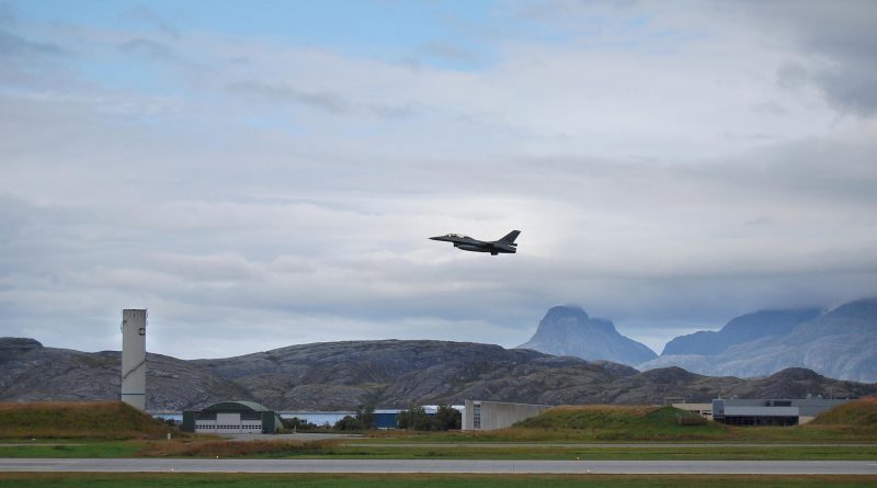 A Norwegian F16 in the air at the aircraft base in Bodoe, northern Norway on August 21, 2008. At the base, situated above the Arctic Circle, two F16s are permanently mobilized ready to scramble within 15 minutes to encounter a potential threat. (Pierre-Henry Deshayes/AFP/Getty Images)