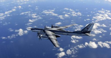 This is a Wednesday, Oct. 29, 2014 file photo provided by Britain's Royal Air Force of a Russian military long range bomber aircraft photographed by an intercepting RAF quick reaction Typhoon (QRA) as it flies in international airspace. (Royal AIr Force/AP)