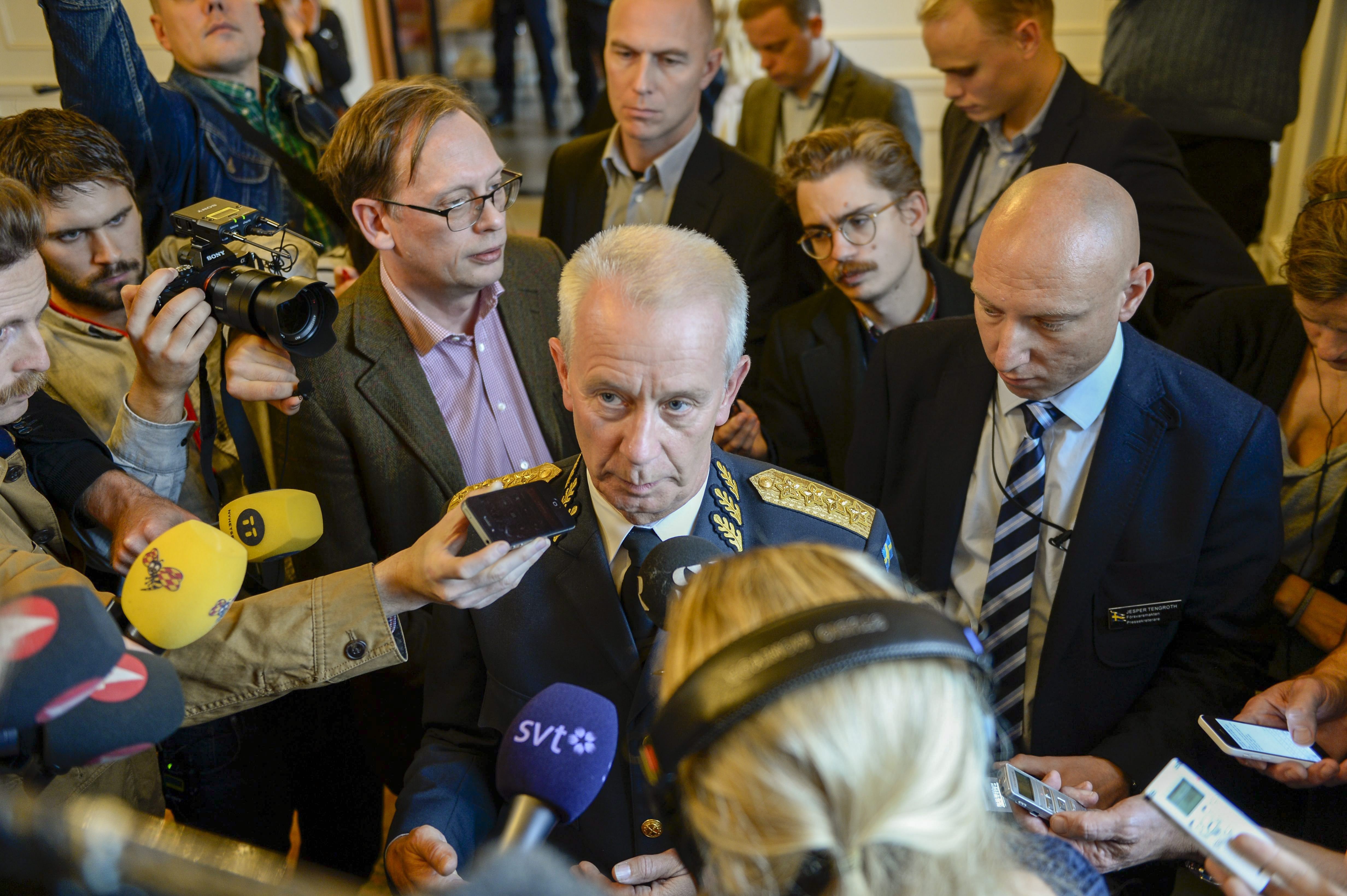 Swedish Commander-in-Chief Sverker Goransson talks to media on October 21, 2014. (Pontus Lundahl /AFP/Getty Images)
