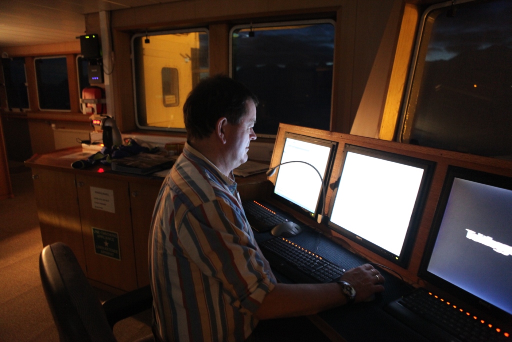 Captain Jon Almestad has an easier task on the bridge of the Helmer Hanssen with less ice. (Irene Quaile)