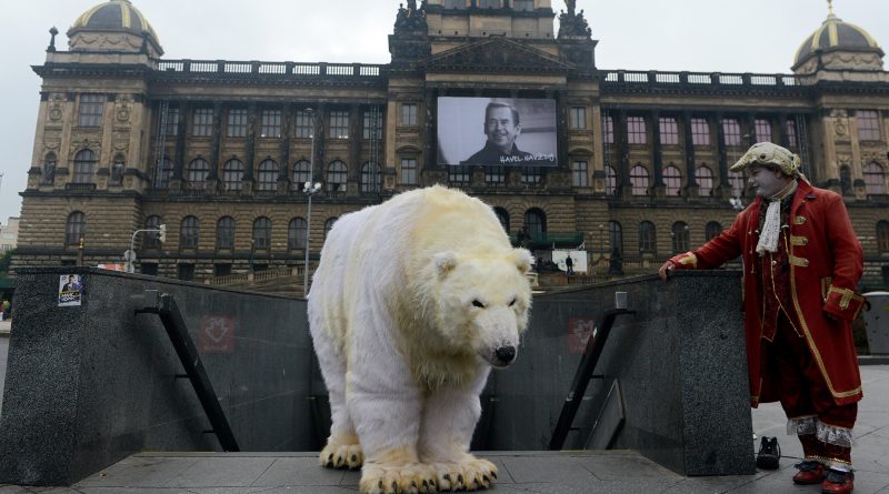 Greenpeace activist dressed like a polar bear in Prague, Czech Republic on October 13, 2014. (Michal Cizek/AFP/Getty Images)