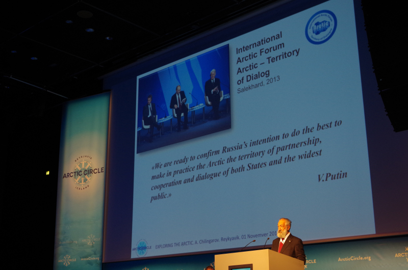 Russian Polar Hero Artur Chilingarov speaks at Arctic Circle 2014 in Reykjavik, Iceland. (Mia Bennett)