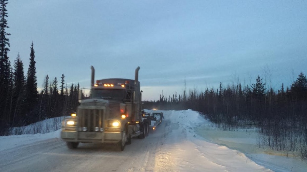 A truck travels the Sahtu winter road in 2014. The Sahtu Secretariat has filed a lawsuit alleging changes to the Mackenzie Valley Resource Management Act interfere with their land claim agreement and treaty rights. (Joanne Stassen/CBC)