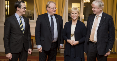 (L-R) Finland's Defence Minister Carl Haglund, Sweden's counterpart Peter Hultqvist, Swedish Foreign Minister Margot Wallstrom and Finnish counterpart Erkki Tuomioja pose for a photo upon arrival for a dinner at the government headquarters Rosenbad, in Stockholm, Sweden, on November 10, 2014. (Pontus Lundahl/AFP/Getty Images)
