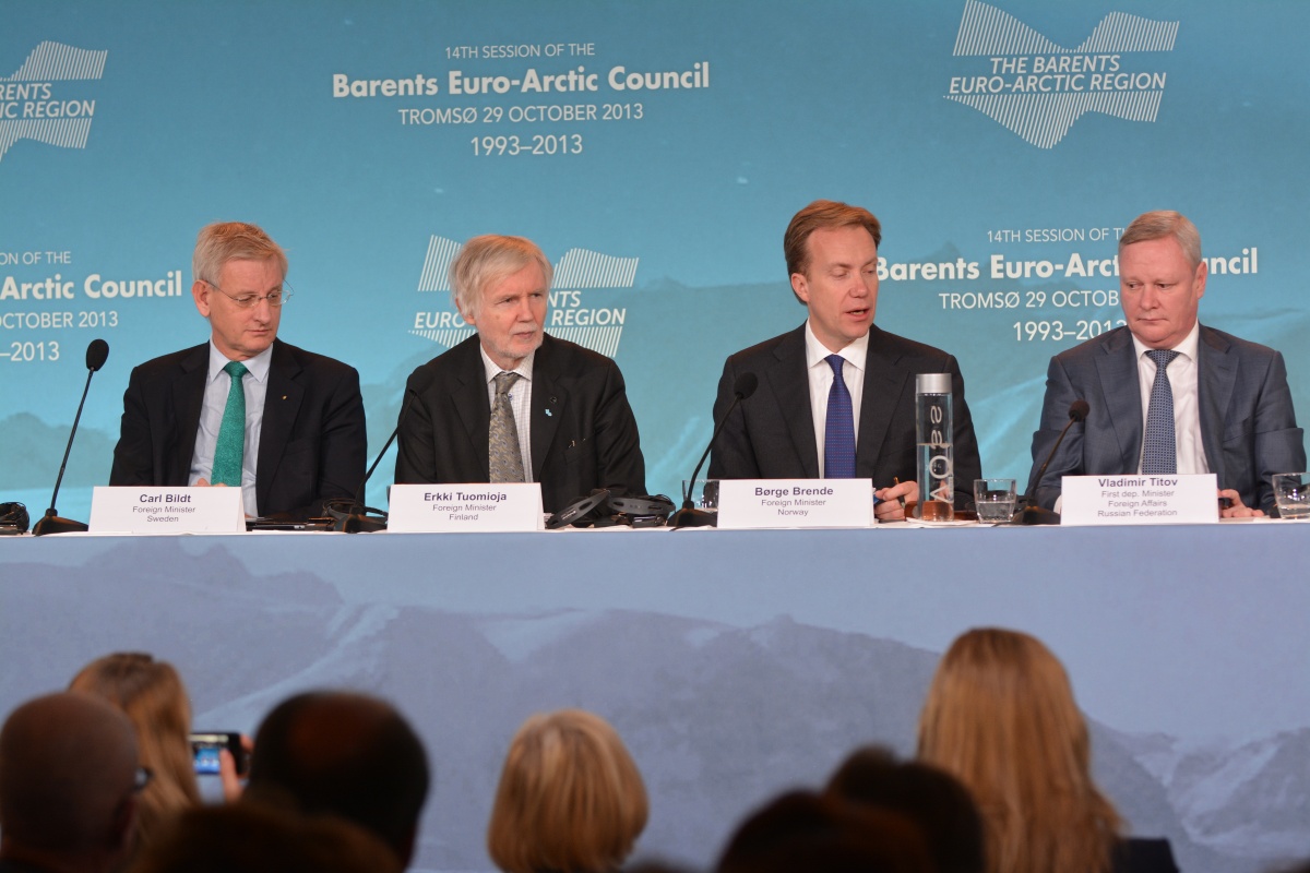 In October 2013, the Foreign Minsiters from Sweden, Finland and Norway met in Tromsø, while Russia was represented by Deputy Foreign Minister Vladimir Titiov (right). (Thomas Nilsen/Barents Observer)