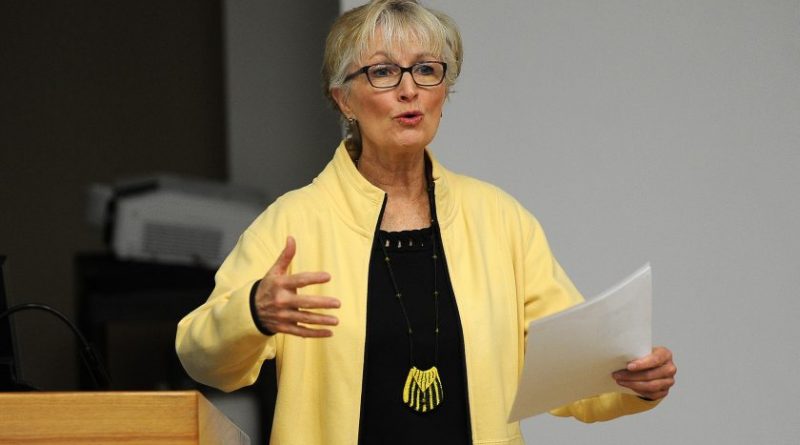 Fran Ulmer preps an audience for a live-stream viewing of a meeting of the Arcic Council on Friday, april 24, 2015, at UAA. (Erik Hill/ADN)