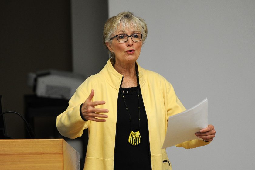 Fran Ulmer preps an audience for a live-stream viewing of a meeting of the Arcic Council on Friday, april 24, 2015, at UAA. (Erik Hill/ADN)