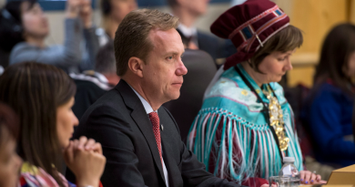 President of the Saami Council, Áile Javo (far left) sits next to Borge Brende, minister of foreign affairs for Norway, during the opening of the Arctic Council Ministerial meeting Friday, April 24, 2015 in Iqaluit, Nunavut. (Paul Chiasson/The Canadian Press)