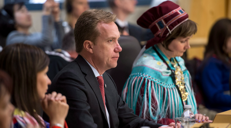 President of the Saami Council, Áile Javo (far left) sits next to Borge Brende, minister of foreign affairs for Norway, during the opening of the Arctic Council Ministerial meeting Friday, April 24, 2015 in Iqaluit, Nunavut. (Paul Chiasson/The Canadian Press)