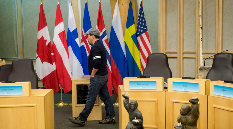 Flags from participating nations are seen in the Nunavut Legislative Assembly in preparation for the Artic Council Ministerial Meeting Thursday, April 23, 2015 in Iqaluit, Nunavut. Ministers from the eight Arctic nations and the leaders of northern indigenous groups will met Friday in Iqaluit. (Paul Chiasson/The Canadian Press)