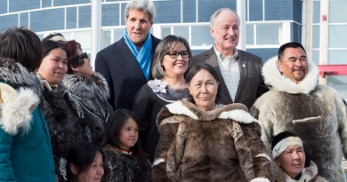 United States Secretary of State John Kerry, Canadian Minister for the Arctic Council Leona Aglukkaq, and Canadian Foreign Affairs Minister Rob Nicholson pose with Inuit wearing traditional dress at the Arctic Council Ministerial meeting Friday, April 24, 2015 in Iqaluit, Nunavut. Ministers from the eight Arctic nations and the leaders of northern indigenous groups form the Council. (Paul Chiasson/The Canadian Press)