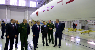 In this Wednesday, Feb. 19, 2014 file photo, Russian Prime Minister Dmitry Medvedev, third right, visits an assembly shop, with the Angara booster rocket at right, at the Plesetsk Cosmodrome in Plesetsk, northwestern Russia. The recent Angara A5 rocket launch failed and crashed near a near the village of Zabolotye in Arkhangelsk Oblast. (Alexander Astafyev/ Government Press Service/RIA-Novost/AP)