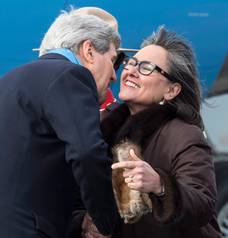 United States Secretary of State John Kerry is greeted by Leona Aglukkaq, Canadian Minister for the Arctic Council, as he arrives Friday, April 24, 2015 in Iqaluit, Nunavut. Ministers from the eight Arctic nations and the leaders of northern indigenous groups attend the Arctic Council Ministerial meeting.(Paul Chiasson/The Canadian Press)