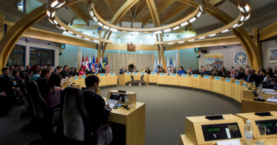 Delegates attend the Arctic Council Ministerial meeting Friday, April 24, 2015 in Iqaluit, Nunavut. Ministers from the eight Arctic nations and the leaders of northern indigenous groups form the Council. (Paul Chiasson/The Canadian Press)