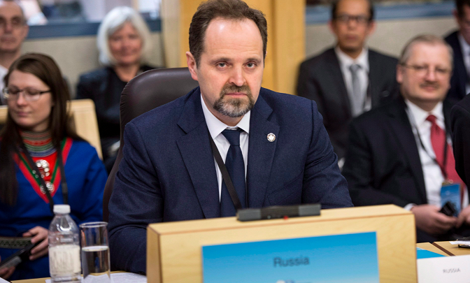 Russian Minister of Natural Resources and Environment Sergei Donskoi listens to proceedings during the opening of the Arctic Council Ministerial meeting Friday, April 24, 2015 in Iqaluit, Nunavut. (Paul Chiasson/The Canadian Press)