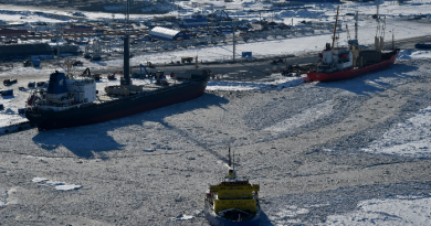A picture taken on April 16, 2015 shows a general view of the port of Sabetta in the Kara Sea shore line on the Yamal Peninsula in the Arctic circle, some 2450 km of Moscow. The Yamal LNG (liquefied natural gas) project aiming to extract and liquefy gas from the Yuzhno-Tambeyskoye gas field is scheduled to start production in 2017. Russia's Novatek holds a 60 percent stake in the venture. France's Total and China's CNPC hold 20 percent each. (Kirill Kudryavtsev/AFP/Getty Images)