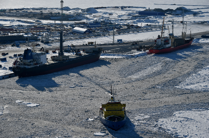 A picture taken on April 16, 2015 shows a general view of the port of Sabetta in the Kara Sea shore line on the Yamal Peninsula in the Arctic circle, some 2450 km of Moscow. The Yamal LNG (liquefied natural gas) project aiming to extract and liquefy gas from the Yuzhno-Tambeyskoye gas field is scheduled to start production in 2017. Russia's Novatek holds a 60 percent stake in the venture. France's Total and China's CNPC hold 20 percent each. (Kirill Kudryavtsev/AFP/Getty Images)