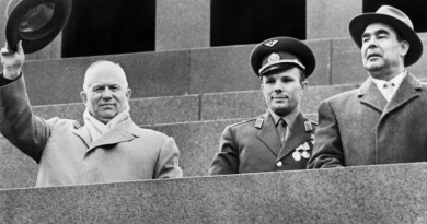 Soviet Cosmonaut Yuri Gagarin (centre), Soviet leader Nikita Khrushchev (left) and Leonid Brezhnev (right) salute the crowd on May 1, 1961 during a gathering on Red Square to celebrate Gagarin's flight aboard Vostok I. Yuri Gagarin became the first human to travel in space aboard Vostok I and the first to orbit the Earth. For decades, the U.S. and the Soviet Union battled to outdo each other in space. Any echoes in today's Arctic? /AFP/GettyImages)