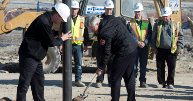 Canadian Prime Minister Stephen Harper shovels dirt during a ground breaking ceremony for the Canadian High Arctic Research Station on August 23, 2014 in Cambridge Bay, Nunavut. The new Polar Knowledge Canada organization will be housed here when the station opens in 2017.(Adrian Wyld/The Canadian Press)