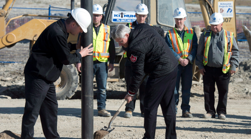 Canadian Prime Minister Stephen Harper shovels dirt during a ground breaking ceremony for the Canadian High Arctic Research Station on August 23, 2014 in Cambridge Bay, Nunavut. The new Polar Knowledge Canada organization will be housed here when the station opens in 2017.(Adrian Wyld/The Canadian Press)