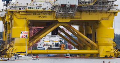The Polar Pioneer oil drilling rig during demonstrations against Royal Dutch Shell on May 16, 2015 in Seattle, Washington. (David Ryder/Getty Images)