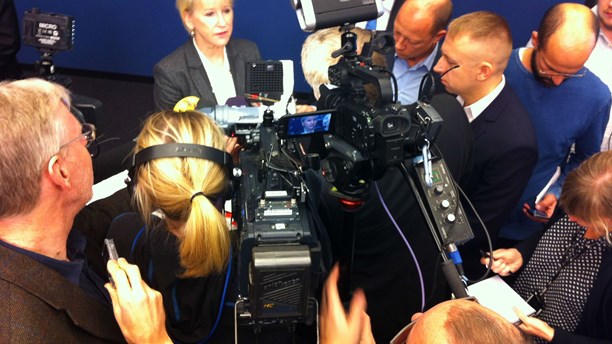 Sweden's Foreign Minister, Margot Wallström, of the Social Democrats, speaking at an earlier press conference. (Brett Ascarelli / Radio Sweden)