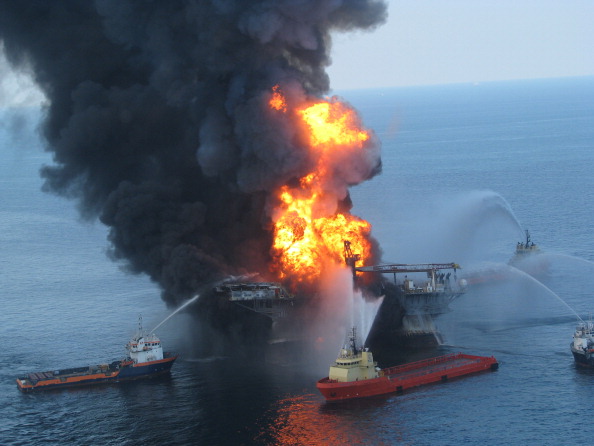The Deepwater Horizon oil rig burns in the Gulf of Mexico in April 2010. (Getty)