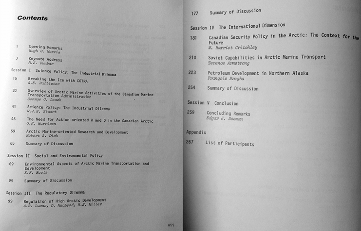 The table of contests for the Marine Transportation and High Arctic Development symposium held in Canada in 1979.