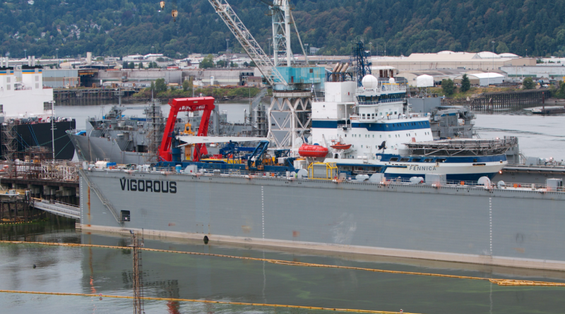 The Fennica, a vessel that Royal Dutch Shell PLC plans to use in its Arctic offshore drilling project, undergoes repairs on Swan Island, Saturday, July 25, 2015, in Portland, Ore. (Sam Caravana/The Oregonian/AP)