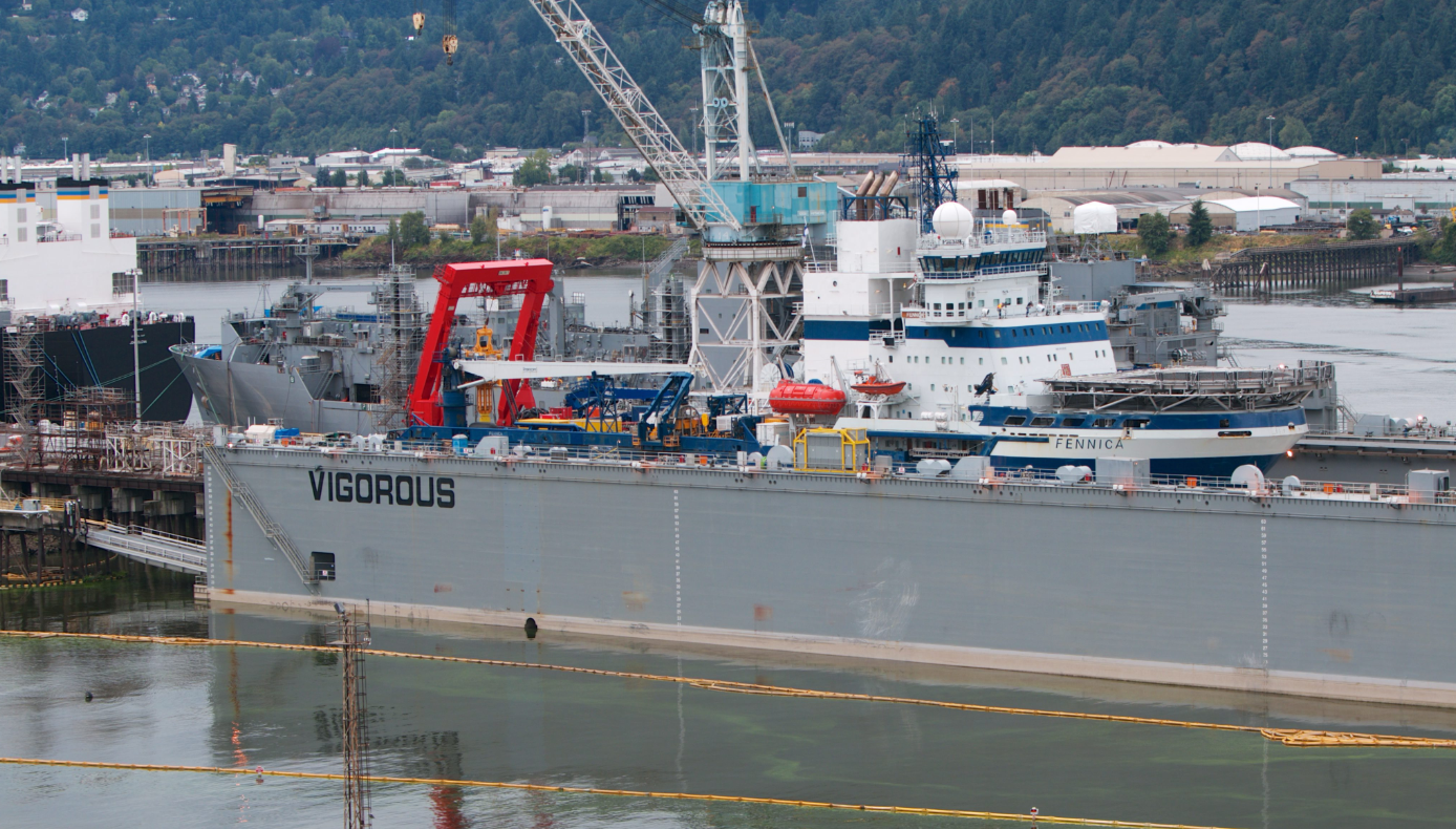 The Fennica, a vessel that Royal Dutch Shell PLC plans to use in its Arctic offshore drilling project, undergoes repairs on Swan Island, Saturday, July 25, 2015, in Portland, Ore. (Sam Caravana/The Oregonian/AP)