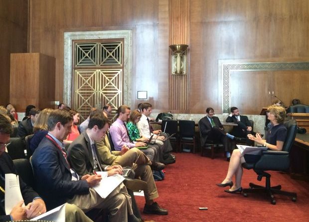 Alaska Senator Lisa Murkowski speaks to reporters in the Energy and Natural Resources Committee hearing room July 23, 2015. (Erica Martinson/ Alaska Dispatch News)