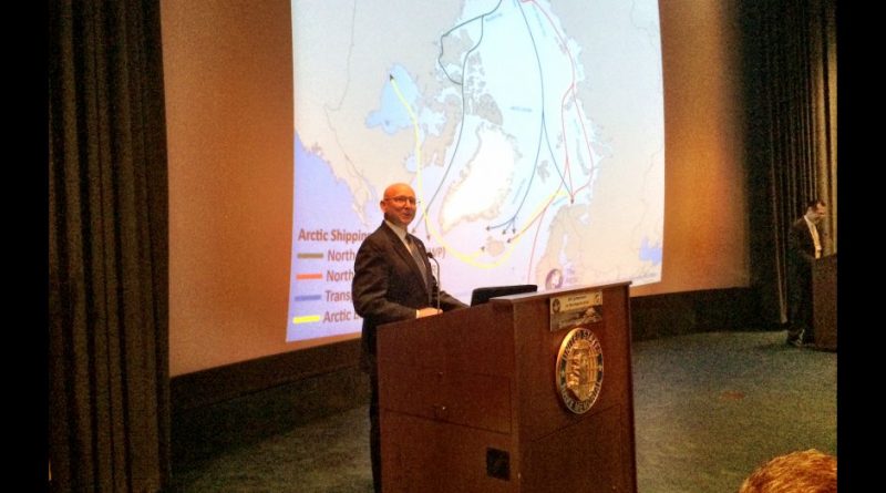 Admiral Robert Papp Jr. of the Coast Guard (ret.), special representative for the U.S. Arctic at the State Department, speaks at an Arctic symposium in Washington, D.C., July 14, 2015. (Erica Martinson / Alaska Dispatch News)