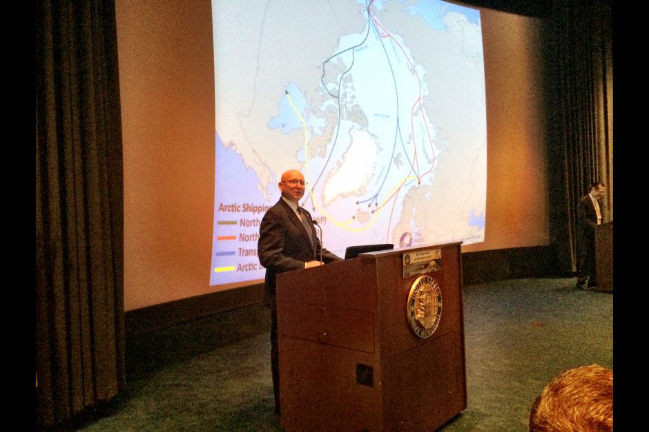 Admiral Robert Papp Jr. of the Coast Guard (ret.), special representative for the U.S. Arctic at the State Department, speaks at an Arctic symposium in Washington, D.C., July 14, 2015. (Erica Martinson / Alaska Dispatch News)