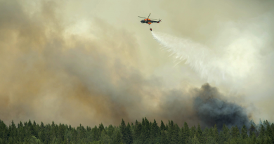 A helicopter drops a load of water on the wildfire front just outside the evacuated village of Gammelby near Sala, Central Sweden, on August 4, 2014. The fire was classified as the worst forest fire in Sweden's modern history. (Fredrick Sandberg/AFP/Getty Images)