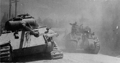 An allied Sherman Tank passing a knocked out German Panther tank during the advance on Arezzo, Italy in July 1944. Sherman tanks are among the relics Russia's Northern Fleet are raising from a sunken WW2 American ship. (Keystone/Getty Images)