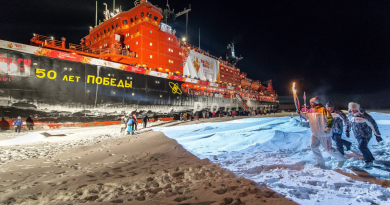 The nuclear-powered icebreaker 50 Let Pobedy (50 Years of Victory) at the North Pole in 2013. Here, it brought the Olympic Flame to the North Pole for the first time during the torch relay for the 2014 Sochi Winter Games. (Sergei Dolya/AP)