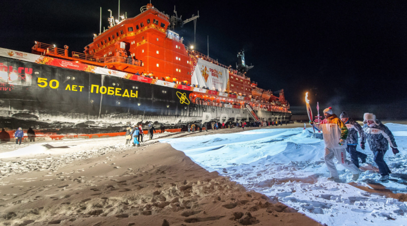 The nuclear-powered icebreaker 50 Let Pobedy (50 Years of Victory) at the North Pole in 2013. Here, it brought the Olympic Flame to the North Pole for the first time during the torch relay for the 2014 Sochi Winter Games. (Sergei Dolya/AP)