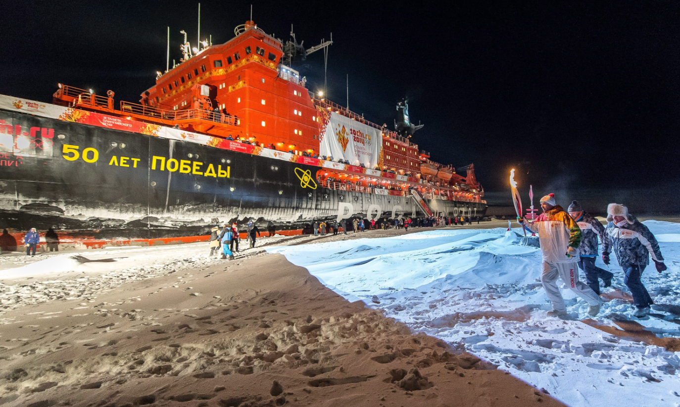 The nuclear-powered icebreaker 50 Let Pobedy (50 Years of Victory) at the North Pole in 2013. Here, it brought the Olympic Flame to the North Pole for the first time during the torch relay for the 2014 Sochi Winter Games. (Sergei Dolya/AP)
