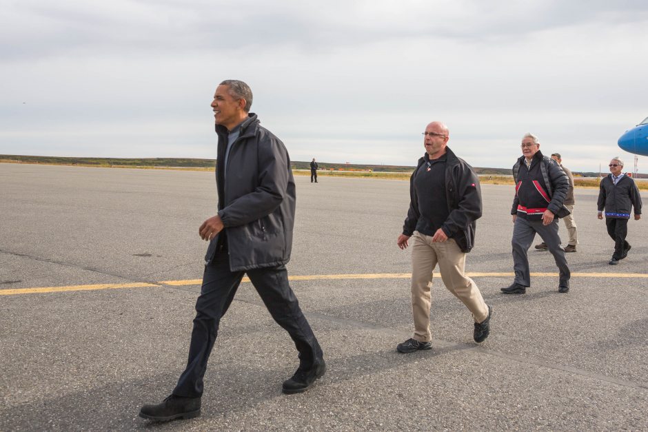 President Obama walks across the tarmac at the Kotzebue airport after arriving in the northwest Alaska community on Wednesday, September 2, 2015. ( Loren Holmes / Alaska Dispatch News)