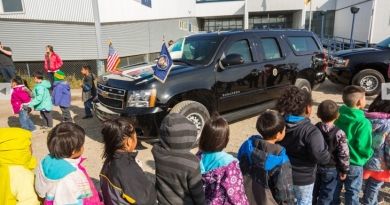 Kindergartners from June Nelson Elementary School in Kotzebue, Alaska get a tour of a presidential limousine outside their school on Tuesday, September 1, 2015. U.S. President Barack Obama will speak at the high school in Kotzebue on Wednesday. (Loren Holmes / Alaska Dispatch News)