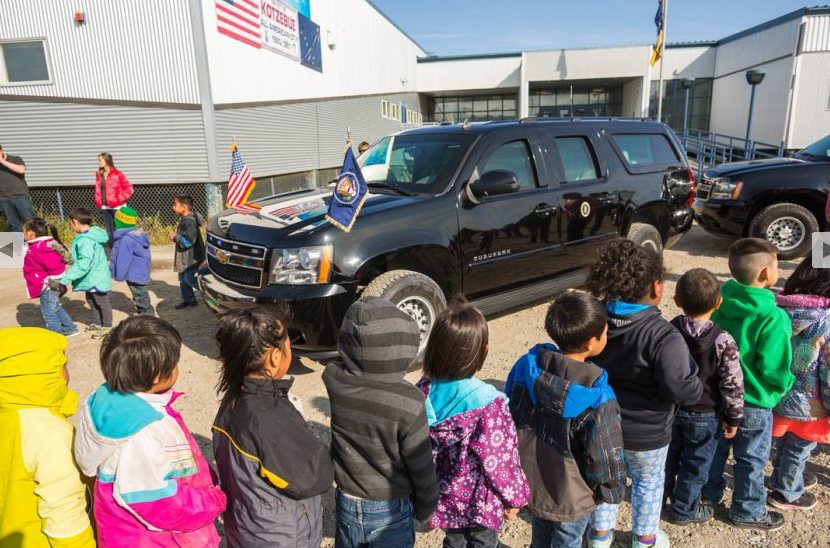 Kindergartners from June Nelson Elementary School in Kotzebue, Alaska get a tour of a presidential limousine outside their school on Tuesday, September 1, 2015. U.S. President Barack Obama will speak at the high school in Kotzebue on Wednesday. (Loren Holmes / Alaska Dispatch News)